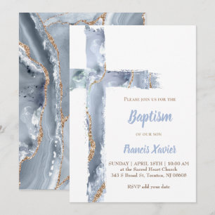 Invitation aquarelle bleu agate cross Baptême