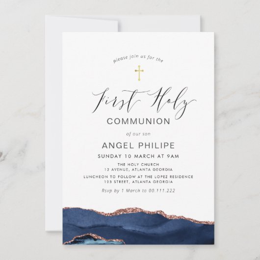 Invitation aquarelle bleu agate script première communion (Devant)