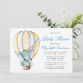 Invitation Aquarelle Bleu Air Balloon Eléphant Baby shower (Debout devant)