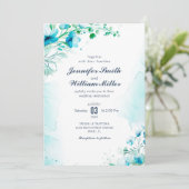 Invitation Aquarelle bleu Aqua Mariage Floral (Debout devant)