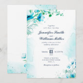 Invitation Aquarelle bleu Aqua Mariage Floral (Devant / Derrière)