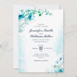 Invitation Aquarelle bleu Aqua Mariage Floral