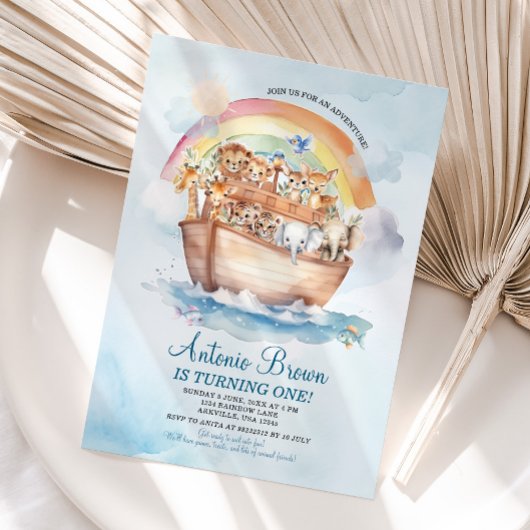 Invitation Aquarelle bleu Arche de Cute Noah Premier annivers