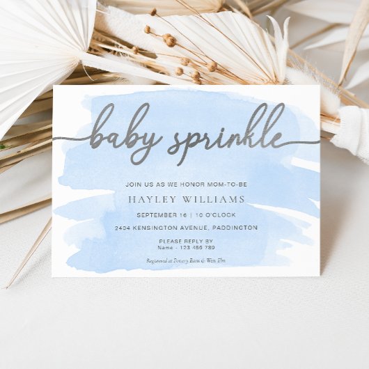 Invitation Aquarelle bleu Argent Bébé Parsemer