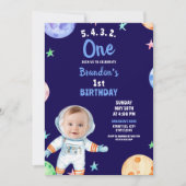 Invitation Aquarelle bleu Astronaut Baby Photo 1er anniversai (Devant)