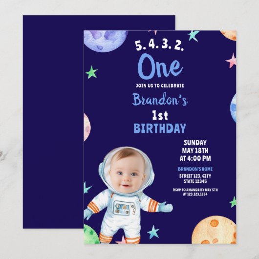 Invitation Aquarelle bleu Astronaut Baby Photo 1er anniversai (Devant / Derrière)