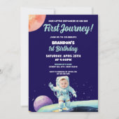 Invitation Aquarelle Bleu Astronaut Espace Photo 1er annivers (Devant)