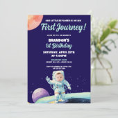 Invitation Aquarelle Bleu Astronaut Espace Photo 1er annivers (Debout devant)