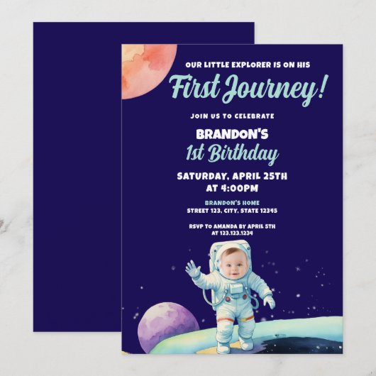 Invitation Aquarelle Bleu Astronaut Espace Photo 1er annivers (Devant / Derrière)