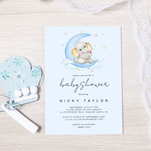 Invitation Aquarelle bleu Baby shower Eléphant mou