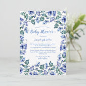 Invitation Aquarelle bleu baby shower Floral (Debout devant)