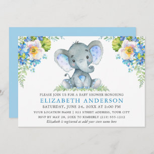 Invitation Aquarelle Bleu Baby shower Floral Eléphant