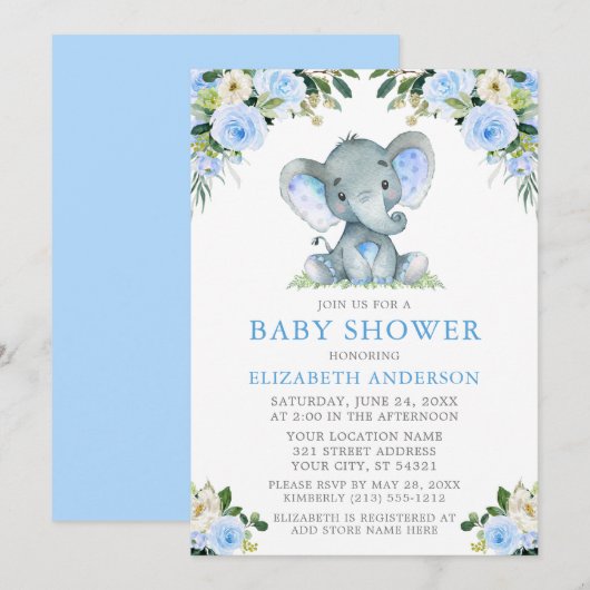 Invitation Aquarelle Bleu Baby shower Floral Eléphant (Devant / Derrière)