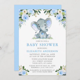 Invitation Aquarelle Bleu Baby shower Floral Eléphant