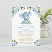 Invitation Aquarelle Bleu Baby shower Floral Elephant Bow (Debout devant)