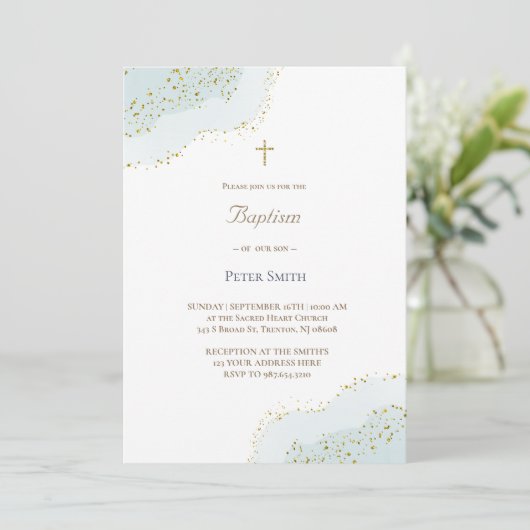 Invitation Aquarelle bleu baptême (Debout devant)