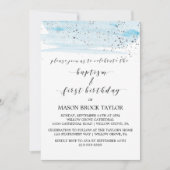 Invitation Aquarelle Bleu & Baptême Argent & 1er anniversaire (Devant)