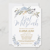 Invitation Aquarelle bleu bat mitzvah Floral (Devant)
