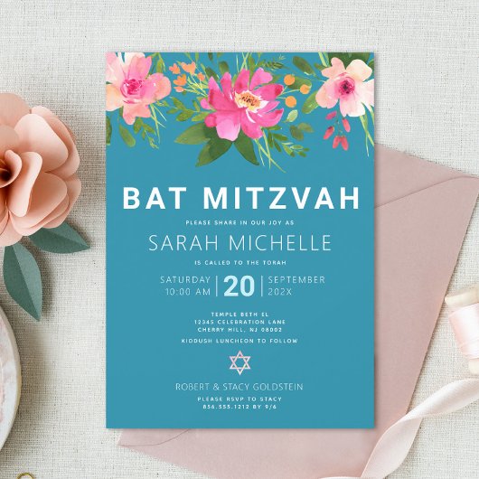 Invitation Aquarelle bleu bat mitzvah Floral Moderne Simple