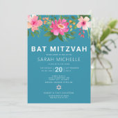 Invitation Aquarelle bleu bat mitzvah Floral Moderne Simple (Debout devant)