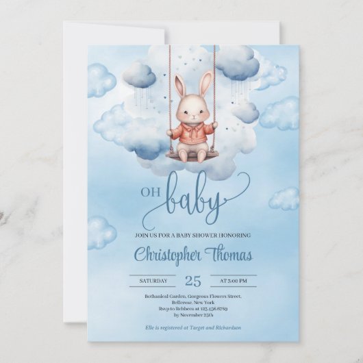 Invitation Aquarelle bleu bébé lapin sur balançoire dans le c (Devant)