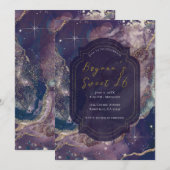 Invitation Aquarelle bleu Berry Or Celestial Sweet 16 (Devant / Derrière)