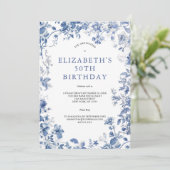 Invitation Aquarelle bleu blanc floral Toile 50e anniversaire (Debout devant)