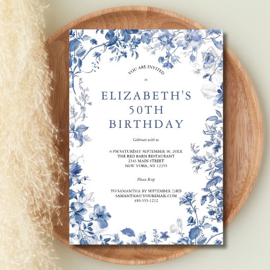 Invitation Aquarelle bleu blanc floral Toile 50e anniversaire