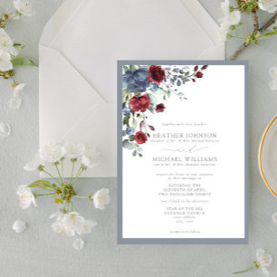 Invitation Aquarelle bleu-bleu-bordeaux formelle Florale