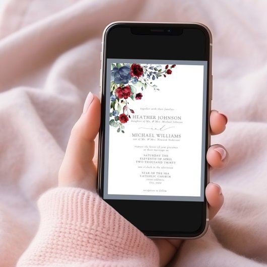 Invitation Aquarelle bleu-bleu-bordeaux formelle Florale