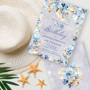 Invitation Aquarelle bleu-bleu clair Floral 70e anniversaire