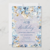 Invitation Aquarelle bleu-bleu clair Floral 90e anniversaire (Devant)
