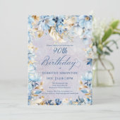 Invitation Aquarelle bleu-bleu clair Floral 90e anniversaire (Debout devant)