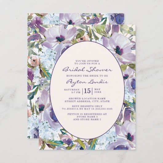 Invitation Aquarelle bleu-bleu-pourpre (Devant / Derrière)