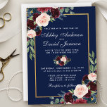 Invitation Aquarelle bleu Bourgogne Floral Mariage or<br><div class="desc">Elégante aquarelle Bourgogne et bleu Faire-part de mariage or floral - Blue Back</div>