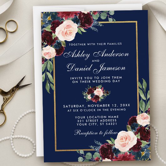 Invitation Aquarelle bleu Bourgogne Floral Mariage or