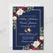 Invitation Aquarelle bleu Bourgogne Floral Mariage or (Devant)