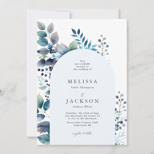 Invitation Aquarelle Bleu branches et baies Mariage Invi (Devant)