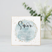 Invitation Aquarelle bleu brossé or Confetti Bar Mitzvah (Debout devant)