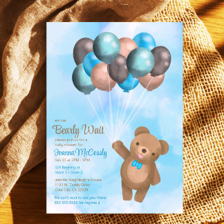 Invitation Aquarelle Bleu Brown Ballons Baby shower d'ours