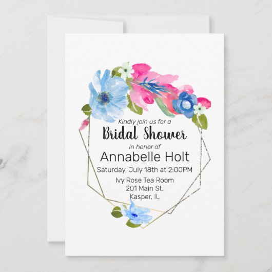 Invitation Aquarelle Bleu chaud rose chaud Floral Or Frame (Devant)