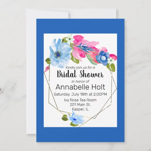 Invitation Aquarelle Bleu chaud rose chaud Floral Or Frame (Devant)