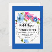 Invitation Aquarelle Bleu chaud rose chaud Floral Or Frame (Devant / Derrière)