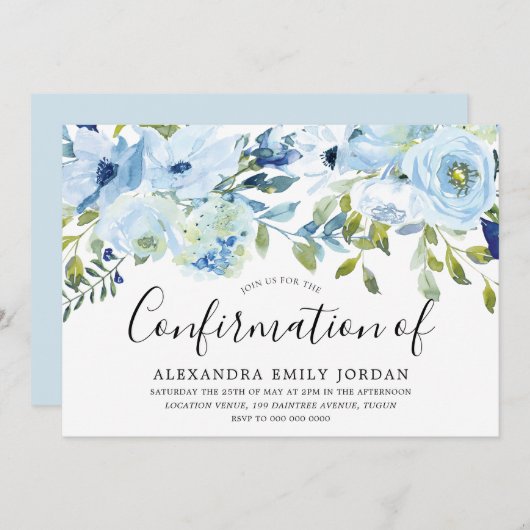 Invitation Aquarelle bleu ciel Confirmation florale (Devant / Derrière)