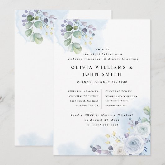 Invitation Aquarelle bleu clair (Devant / Derrière)