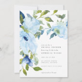 Invitation Aquarelle bleu clair Fête des mariées à fleurs flo (Devant)