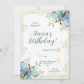 Invitation Aquarelle Bleu clair Papillon Anniversaire (Devant)