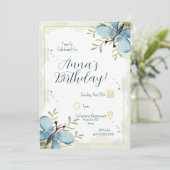 Invitation Aquarelle Bleu clair Papillon Anniversaire (Debout devant)
