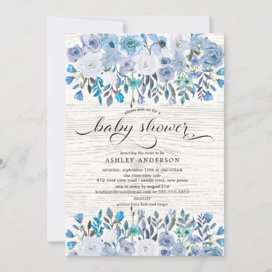 Invitation Aquarelle bleu clair rustique Baby shower Floral (Devant)
