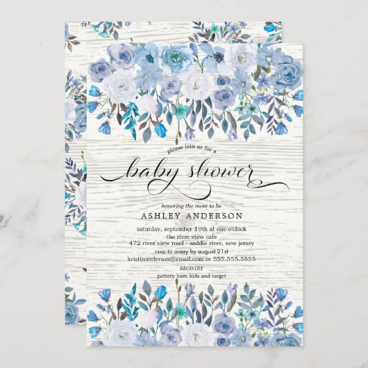 Invitation Aquarelle bleu clair rustique Baby shower Floral (Devant / Derrière)